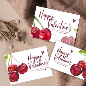 Cherry Valentine&#39;s Day Cards, Set of 3 Printable Maroon Red Cherry Cards, Digital Cute Cherry Gift for Girlfriend Boyfriend & Couples