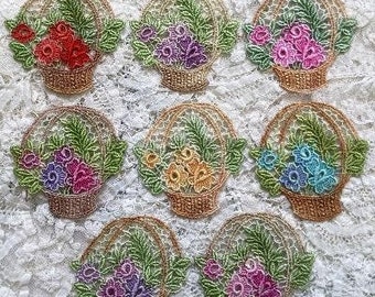 Lace Flower Basket Hand Dyed Venise Crazy Quilt Applique Motif Fabric Junk Journal Lace