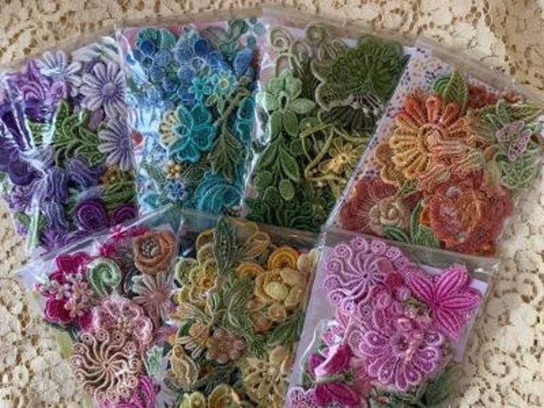 Crazy Quilt Lace, Inspiration Lace Kit, Venise Lace Trim, Mixed Media Lace, Hand Dyed Lace ,Scrapbook Supply, Applique, Crazy Quilt Kit image 1