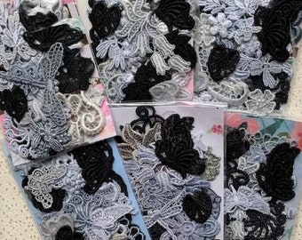 Black & Gray Venise Lace Crazy Quilt Trim Appliques Hand Dyed Fabric Journal Embellishment Kit