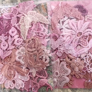 Rustic Pinks Shabby Chic Venise Hand Dyed Lace Embellishment Crazy Quilt Applique Kit