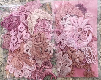 Rustic Pinks Shabby Chic Venise Hand Dyed Lace Embellishment Crazy Quilt Applique Kit