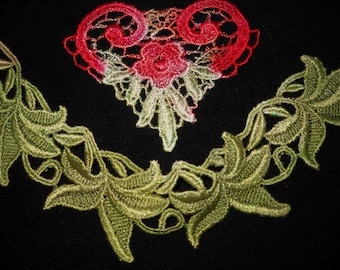 Christmas Red Green Heart Leaves Hand Dyed Venise Lace Applique Embellishment