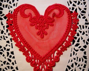 Red Lace Heart Venise Crazy Quilt Mixed Media Embellishment Scrapbook Applique