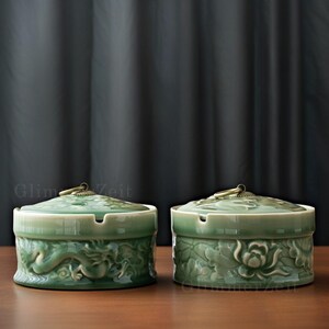 Celadon Ashtray, Creative Embossed Dragon-Shaped Fashionable Large Ashtray With Lid To Prevent Fly Ash, Home Office Tea Set Accessories