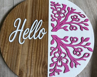 Hello-Cherry Blossom Wooden Door Hanger
