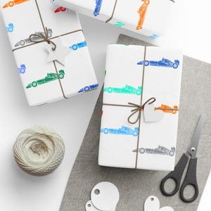 Race Car Gift Wrap | White Wrapping Paper with Colorful Formula Cars | Glossy or Matte | Motorsport Birthday or Holiday Gift Wrap