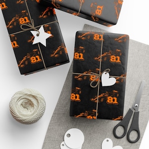 Race Car Gift Wrap | F1 Inspired Wrapping Paper #81 | Piastri Fan Packaging | Black & Orange Motorsport Gift Wrap