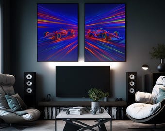 Neon Motorsport Artwork Racing Print Duo: Futuristic Motorsport Art (Digital Download)