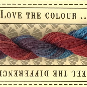May include: A skein of Indian Lily stranded cotton thread in shades of burgundy, blue, and teal. The label reads "Love the Colour..." and "Feel the Difference." The label also indicates the thread is 10 meters pre-cut.