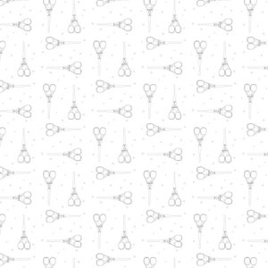 Puede incluir: Un patrón sin costuras que presenta un diseño repetitivo de tijeras blancas y negras sobre un fondo blanco.