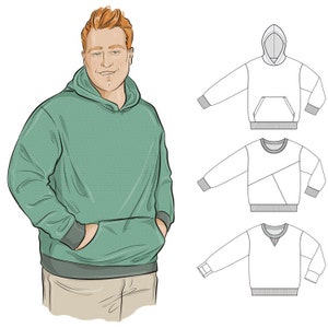 May include: A green hooded sweatshirt with a kangaroo pocket. Three additional illustrations of sweatshirts are shown in the background.