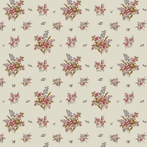 May include: A seamless pattern featuring a repeating design of pink, white, and green floral bouquets on a cream background.