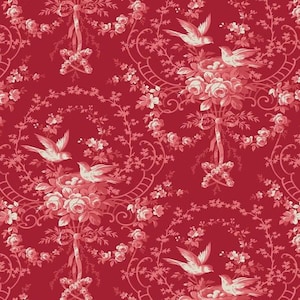 May include: A red background with a repeating pattern of pink flowers, leaves, and birds. The birds are perched on nests with eggs. The pattern is intricate and detailed.