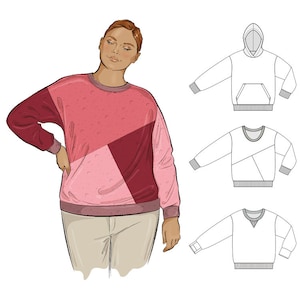 May include: Illustration of a color-blocked sweatshirt in shades of pink and burgundy, with a textured pattern on the pink section. The design features a crew neck and long sleeves. Additional sketches show a hoodie and two other sweatshirt styles.