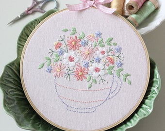 Tea Time Posy Stitchery - Includes Pre Printed Pink Linen