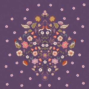 May include: A symmetrical floral design on a purple background. The pattern features flowers in pink, orange, and yellow, with two birds and small white flowers scattered around the edges. The design has a vintage, botanical theme.