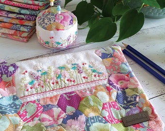 Sophie's Garden - Pouch & Pincushion with Pattern, Fabric, Templates, EPP Papers Pre-printed Linen and Cosmo Threads