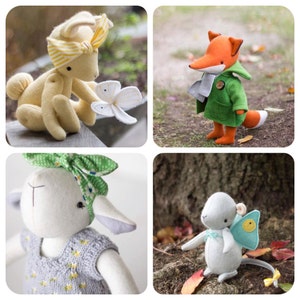 May include: Four handmade plush toys: a white bunny with a yellow headband, an orange fox wearing a green coat, a white lamb with a green and white headband, and a gray mouse with a blue and yellow butterfly wing.