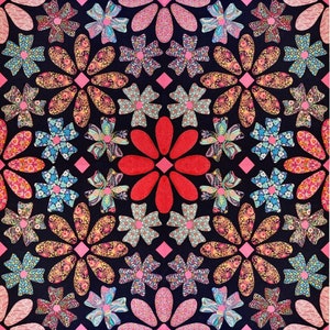 May include: A black background with a repeating pattern of red, pink and blue flowers. The flowers are made up of multiple layers of petals and have a geometric design.