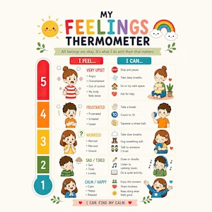 May include: A My Feelings Thermometer educational poster featuring a vertical scale from 1 to 5. It displays cartoon illustrations of children expressing emotions like upset, frustrated, worried, sad, tired, calm, and happy, with text prompts for coping strategies.