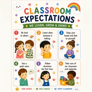 May include: A colorful educational poster titled CLASSROOM EXPECTATIONS WE LEARN, GROW & SHINE! featuring six numbered panels with illustrations of children demonstrating positive behaviors like kindness, listening, and following directions.