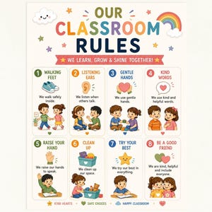 May include: A classroom rules poster featuring the title OUR CLASSROOM RULES and the text WE LEARN, GROW & SHINE TOGETHER! It displays eight numbered sections with illustrations of children and icons representing rules like walking feet, listening ears, and kind words.