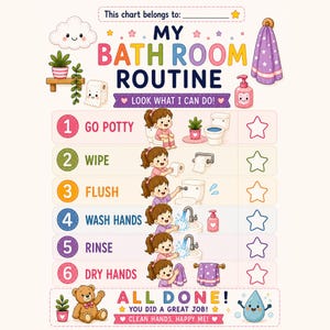 May include: A colourful bathroom routine chart for children featuring the text MY BATH ROOM ROUTINE and six steps: go potty, wipe, flush, wash hands, rinse, and dry hands. Each step includes a cartoon illustration of a child performing the task.
