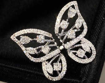 Natural Diamond Engagement ring Butterfly openwork ,18K Solid Gold Bridal Ring Platinum Engagement Proposal ring for her valentine&#39;s day