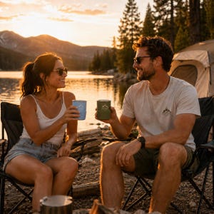 May include: Two cylindrical mugs, one light blue and one olive green, each featuring a white mountain graphic and the text "EXPLORE MORE" printed on the side. The mugs are held by two people sitting in black folding chairs near a lake at sunset.