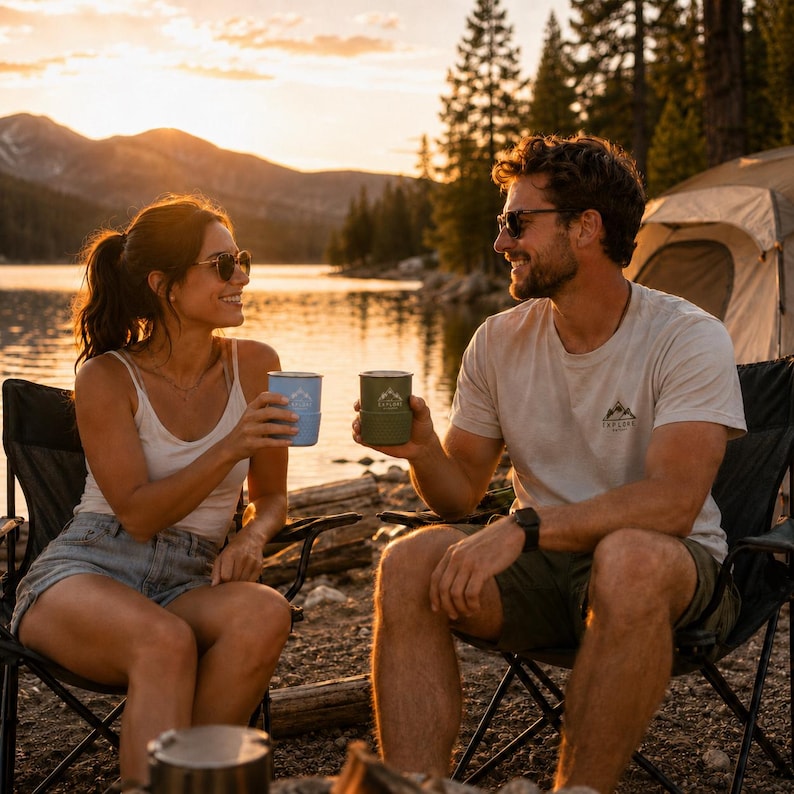 May include: Two cylindrical mugs, one light blue and one olive green, each featuring a white mountain graphic and the text "EXPLORE MORE" printed on the side. The mugs are held by two people sitting in black folding chairs near a lake at sunset.