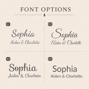 May include: A grid display titled FONT OPTIONS featuring four distinct dark grey typography styles labelled F1, F2, F3, and F4. Each section displays the name Sophia above the names Aiden & Charlotte, showcasing different script and sans-serif fonts.