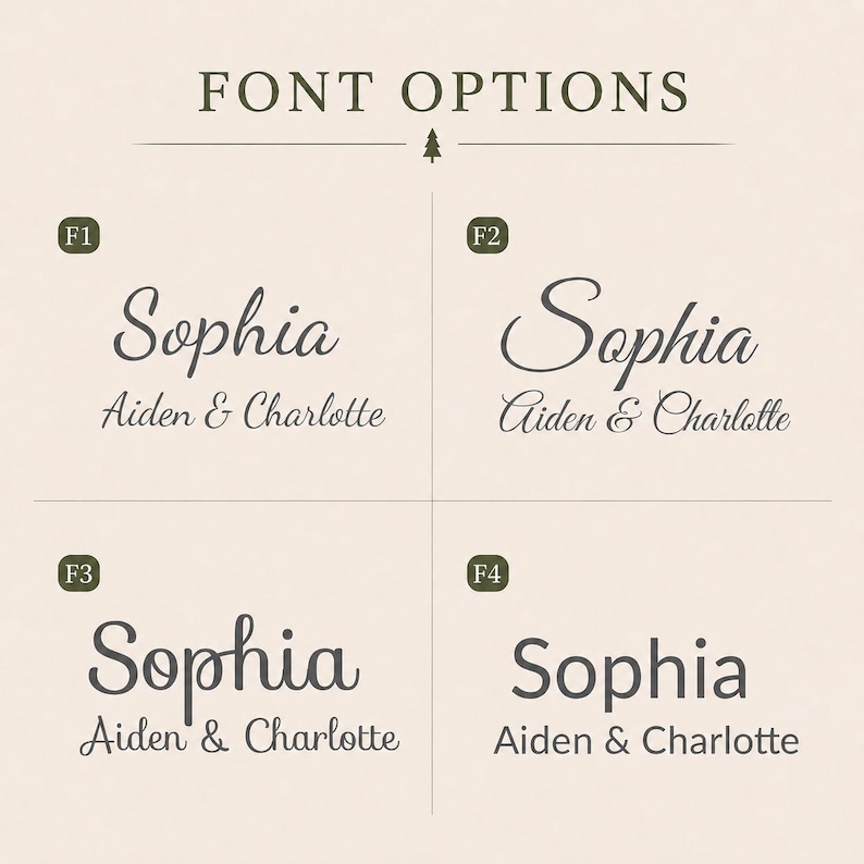 May include: A grid display titled FONT OPTIONS featuring four distinct dark grey typography styles labelled F1, F2, F3, and F4. Each section displays the name Sophia above the names Aiden & Charlotte, showcasing different script and sans-serif fonts.