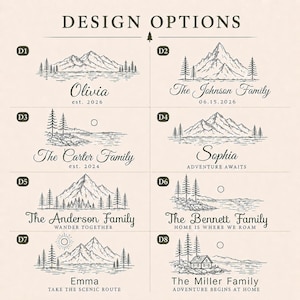 May include: A grid of eight black and white line art design options labelled D1 through D8, featuring mountain, forest, and lake illustrations with customisable text including names like Olivia, The Johnson Family, and phrases like Adventure Awaits.