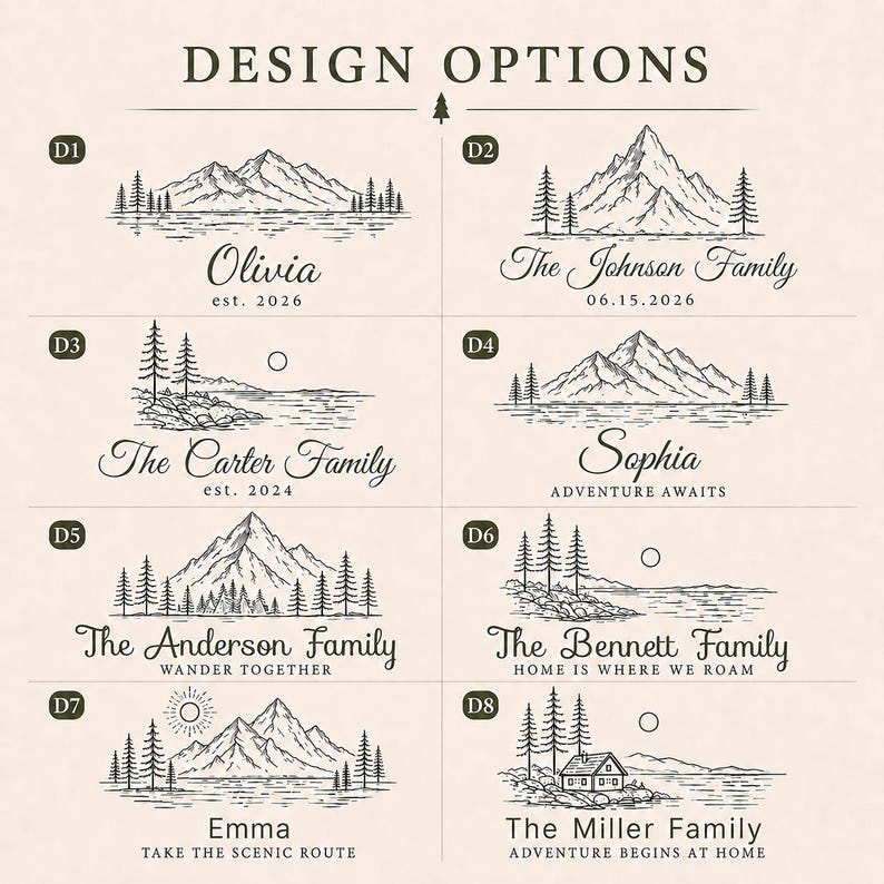 May include: A grid of eight black and white line art design options labelled D1 through D8, featuring mountain, forest, and lake illustrations with customisable text including names like Olivia, The Johnson Family, and phrases like Adventure Awaits.
