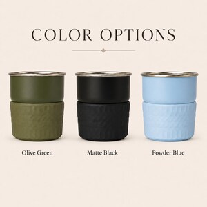 May include: Three cylindrical tumblers with metallic rims, each featuring a textured lower section. The colours are olive green, matte black, and powder blue. The text COLOR OPTIONS is displayed above, with labels Olive Green, Matte Black, and Powder Blue.
