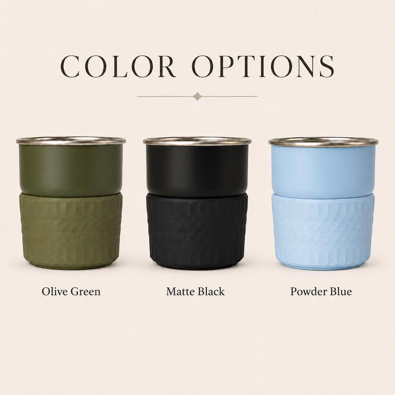 May include: Three cylindrical tumblers with metallic rims, each featuring a textured lower section. The colours are olive green, matte black, and powder blue. The text COLOR OPTIONS is displayed above, with labels Olive Green, Matte Black, and Powder Blue.