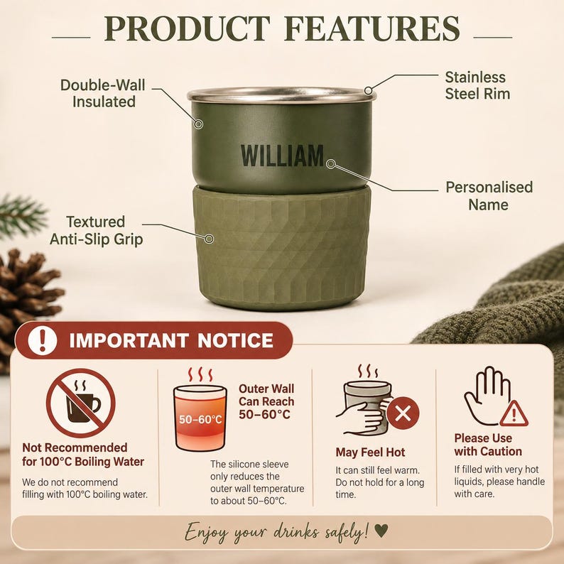 May include: An olive green insulated cup with a stainless steel rim and the name WILLIAM printed on the side. It features a textured anti-slip grip. An important notice graphic warns that the outer wall can reach 50-60 degrees Celsius.