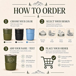 May include: An instructional graphic titled HOW TO ORDER showing three tumblers in olive green, matte black, and powder blue. It displays four steps for customisation, including selecting colours, choosing mountain, lake, scenic, or cabin designs, and adding names or dates to the drinkware.