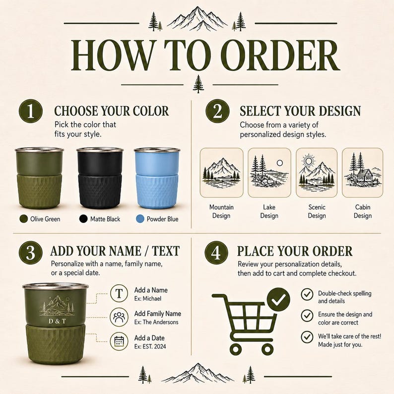 May include: An instructional graphic titled HOW TO ORDER showing three tumblers in olive green, matte black, and powder blue. It displays four steps for customisation, including selecting colours, choosing mountain, lake, scenic, or cabin designs, and adding names or dates to the drinkware.