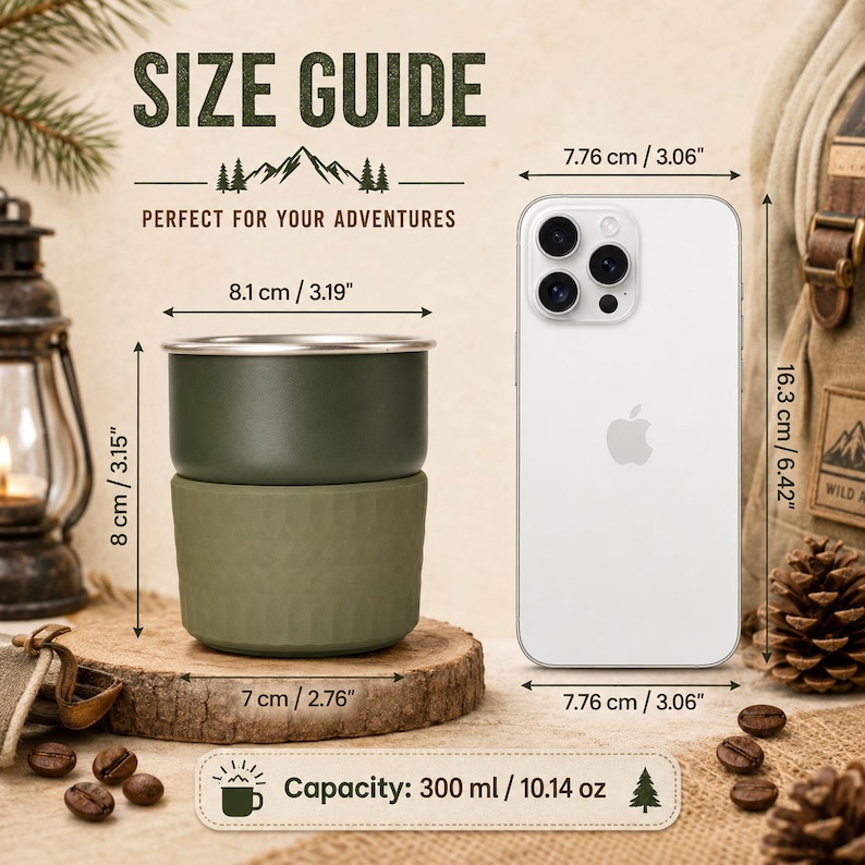 May include: A two-tone olive green mug with a textured base, measuring 8.1 cm in diameter at the top, 7 cm at the base, and 8 cm in height, shown next to a smartphone and text indicating a 300 ml capacity for this drinkware item.