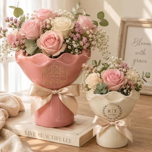 Keramikvase,Vase mit Gravur,Hochzeitsgeschenk zum Jahrestag,Hochzeitsgeschenk,Brautjungfer Geschenke mit Schleife,Hochzeitsgeschenke,Modernes Wohndekor