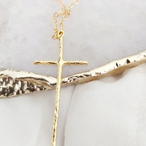 Large Gold Hammered Cross Pendant Necklace, Cross and Letter Necklace, Mothers Day Gift, Gold Cross Necklace, Mother&#39;s Day Gift