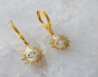 Gold Opal Earrings: Sun Charm Hoop Earrings
