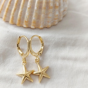 Gold Starfish Hoop Earrings, Gold Huggie Earrings, Summer Beach Earrings, Dainty Coastal Jewellery, Cute Sea Charm Hoops, Gift for Her