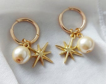 Pearl and Star Charm Gold Hoop Earrings, Pearl Dangle Earrings, Gold Huggie Earrings, Small Hoop Earrings, Hoops, Mothers Day Gifts