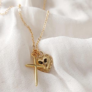 Gold Cross Heart Necklace, Small Gold Cross, Christian Jewellery, Faith Jewellery, Religious Necklace, Cross Necklace, Meaningful Necklace