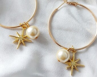 Grandes créoles en or avec breloques, breloques interchangeables, boucles d&#39;oreilles étoile, créoles en perles, cadeau fête des mères, cadeau pour soeur, cadeau pour femme