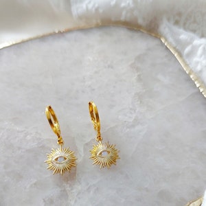 Gold Sun Opal Charm Hoops, Gold Hoop Earrings, Opal Earrings, Birthday Gift for Sister, Small Birthday Gift Woman