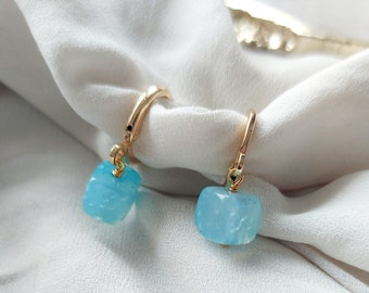 Tiny Charm Hoop Earrings, Turquoise Charm, Classic Gold Hoops, Square Stone Hoop Earrings, Gold Huggie Earrings, Small Hoops, Boho Earrings